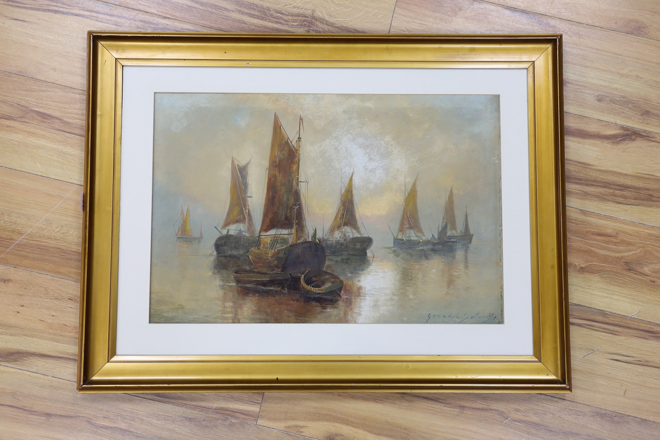 Gerald Sutcliffe (19th C.), oil on canvas laid on board, Fishing boats at anchor, signed, 39 x 59cm